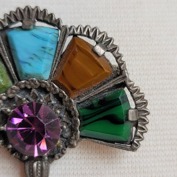 Vintage Miracle Signed Celtic Irish Scottish Faux Stones Fan Shaped Brooch Pin - Picture 6 of 15